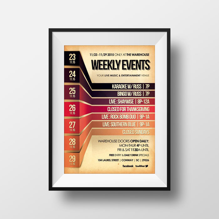 Creative Roots Marketing & Design - Warehouse Weekly Event Poster